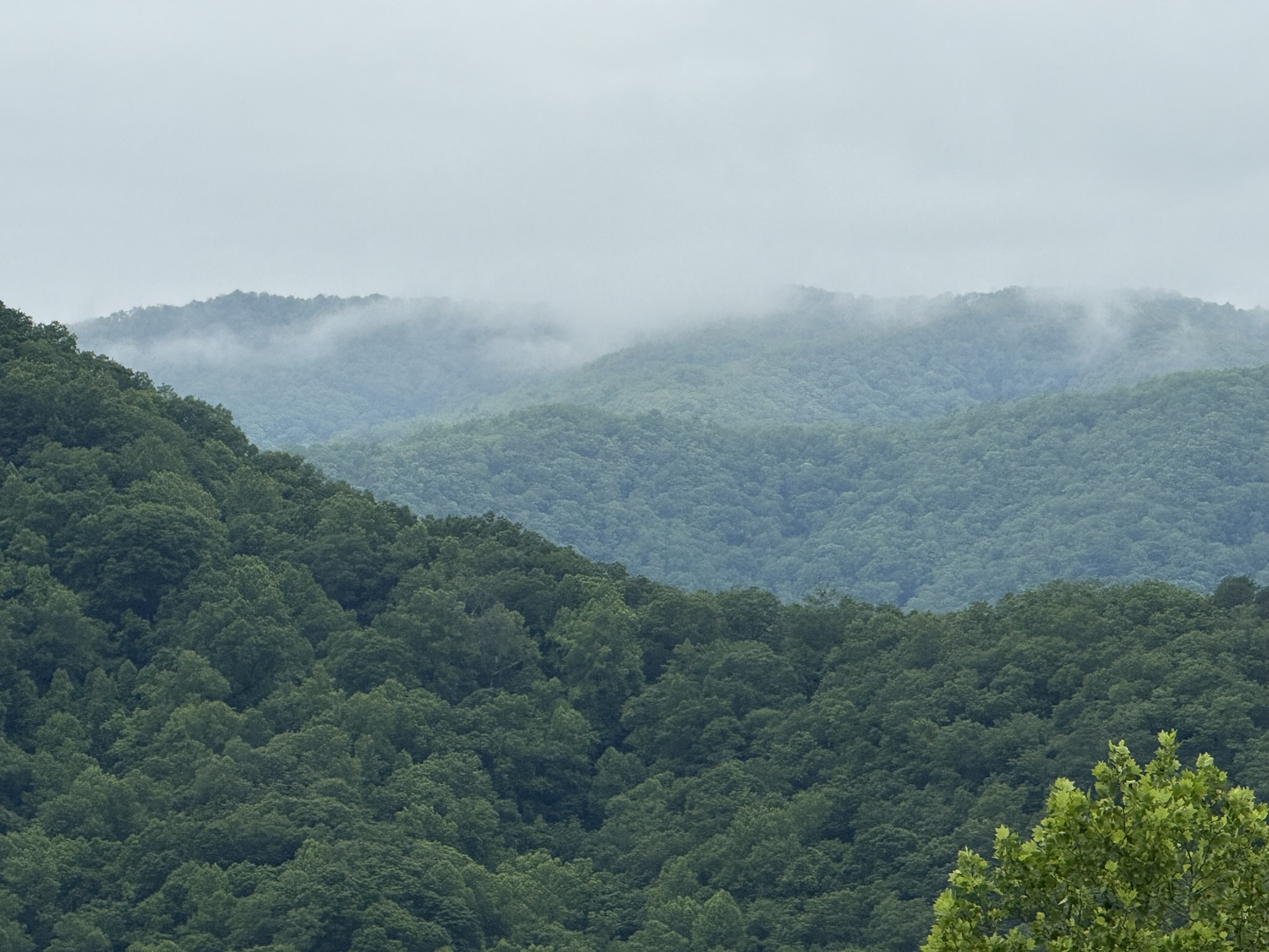Appalachian mountain ridgeline with low clouds