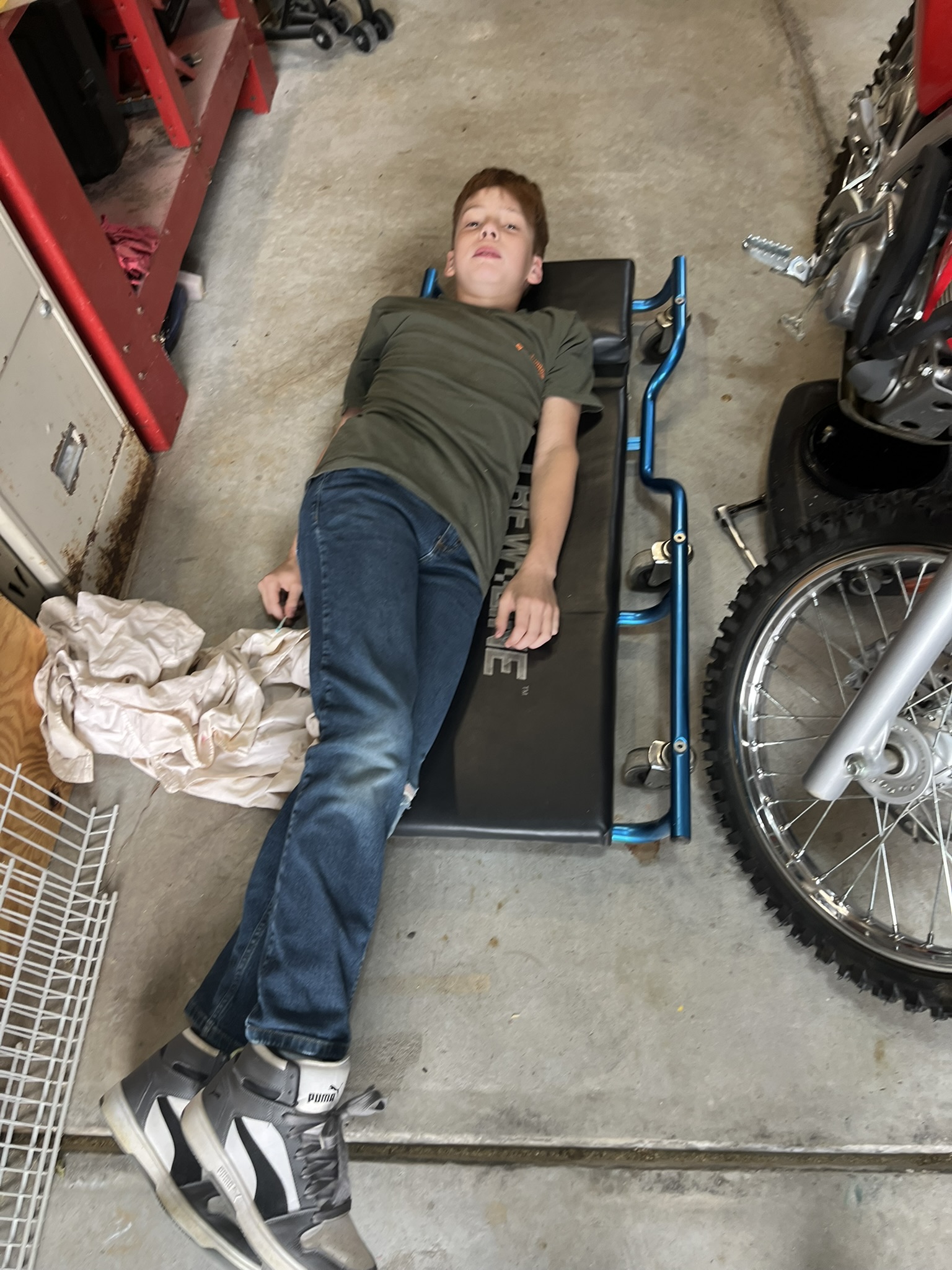 Michael working in the garage